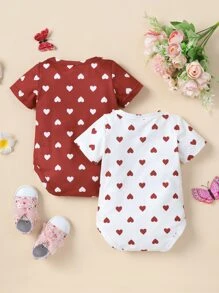 Baby Girl 2pcs Heart Print Bodysuit - Red and White - View 2