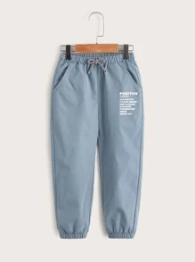 SHEIN 小男童標語圖案腰部抽繩長褲 - 霧霾藍 - 查看 7