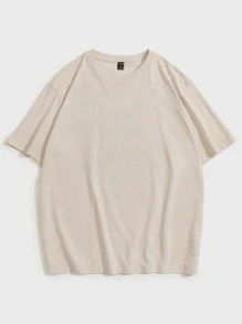 Manfinity VCAY 男士T恤寬鬆船領垂肩短袖圖形T恤街頭夏日純棉款 - 卡其色 - 查看 2