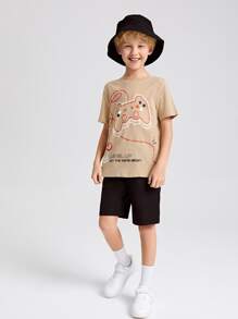 SHEIN Tops con trai Đồ họa Lá thư Giải trí - Màu Khaki - Xem 3