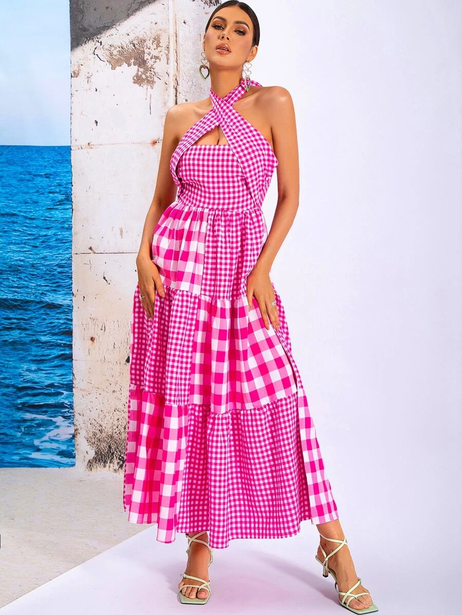 Gingham Tied Backless Dress - Multicolor - View 1