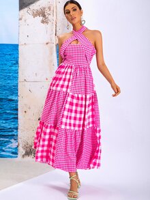 Gingham Tied Backless Dress - Multicolor - View 4