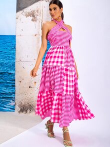 Gingham Tied Backless Dress - Multicolor - View 5