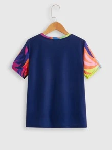 SHEIN Tween Boy Stylish Summer Holiday Round Neck Short Sleeve T-Shirt With Colorblock & Lion Print - Multicolor - View 2