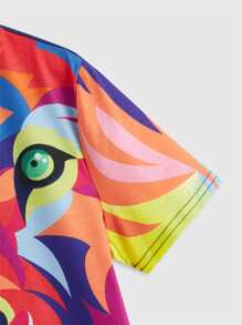 SHEIN Tween Boy Stylish Summer Holiday Round Neck Short Sleeve T-Shirt With Colorblock & Lion Print - Multicolor - View 4