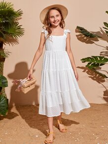 SHEIN Niñas Vestido ribete con fruncido de lunares - Blanco - Ver 1
