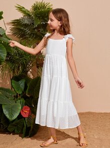 SHEIN Niñas Vestido ribete con fruncido de lunares - Blanco - Ver 5