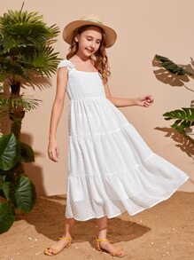 SHEIN Niñas Vestido ribete con fruncido de lunares - Blanco - Ver 6