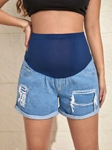 SHEIN Maternity Colorblock Ripped Roll Up Hem Denim Shorts