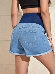 SHEIN Maternity Colorblock Ripped Roll Up Hem Denim Shorts