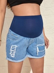 SHEIN Maternity Colorblock Ripped Roll Up Hem Denim Shorts
