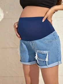 SHEIN Maternity Colorblock Ripped Roll Up Hem Denim Shorts