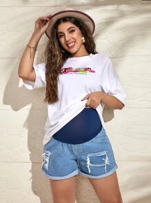 SHEIN Maternity Colorblock Ripped Roll Up Hem Denim Shorts