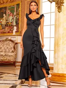Missord Robe à volants avec ourlet superposé, robe de soirée élégante noire pour le formel, le bal de promo, pour les invités de mariage, la remise des diplômes, le dîner - Noir - Voir 4