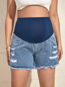 SHEIN Maternity Ripped Raw Hem Denim Shorts - Medium Wash - View 2