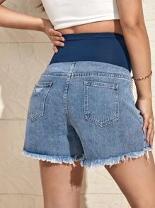 SHEIN Maternity Ripped Raw Hem Denim Shorts - Medium Wash - View 3