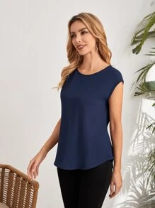 EMERY ROSE Contrast Lace Curved Hem Top - Navy Blue - View 3