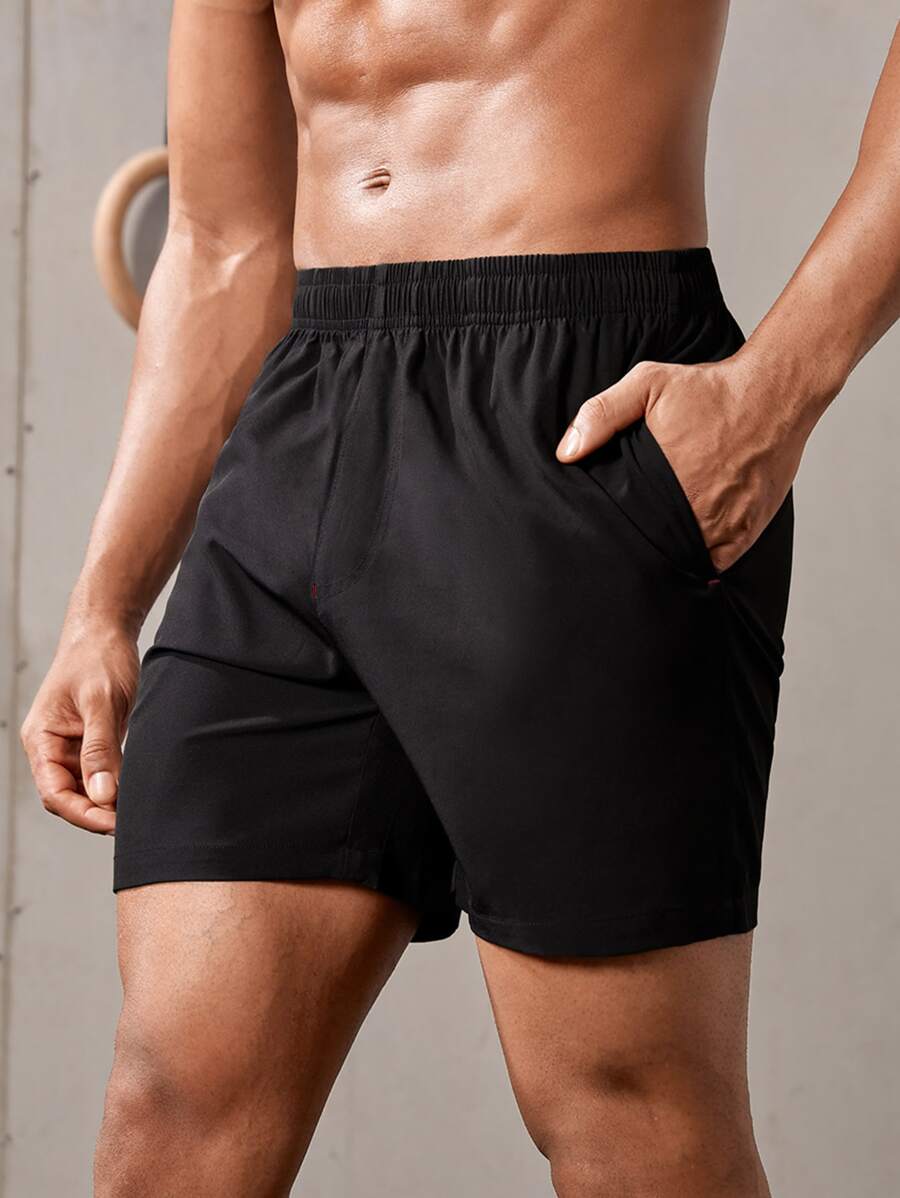 男友风男士纯色斜口袋运动短裤 - 黑色 - 查看 1