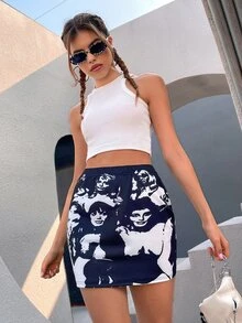 Falda recta con estampado de figura - Blanco y Negro - Ver 5