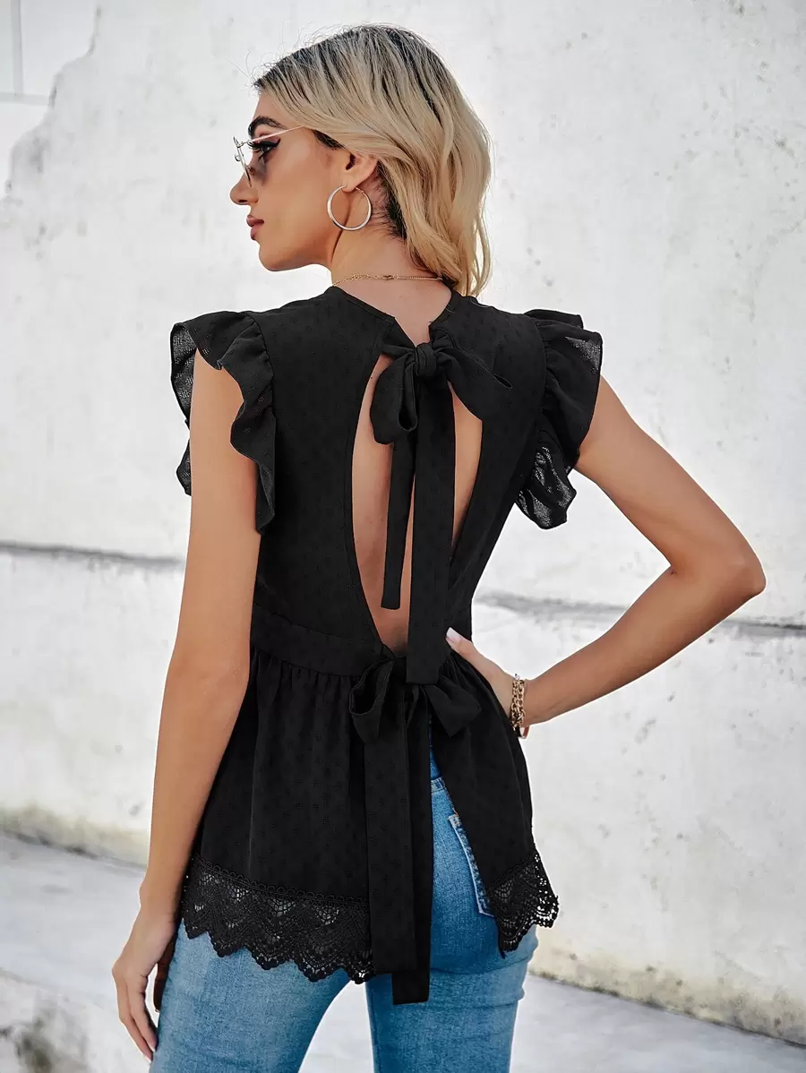 Breezaya Contrast Guipure Lace Tie Back Blouse Peplum Top - Black - View 1