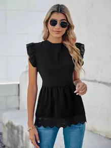 Breezaya Contrast Guipure Lace Tie Back Blouse Peplum Top - Black - View 3