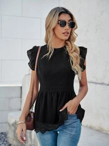 Breezaya Contrast Guipure Lace Tie Back Blouse Peplum Top - Black - View 4