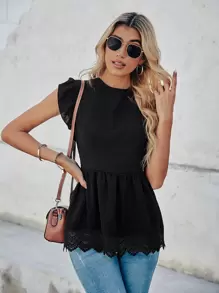 Breezaya Contrast Guipure Lace Tie Back Blouse Peplum Top - Black - View 6