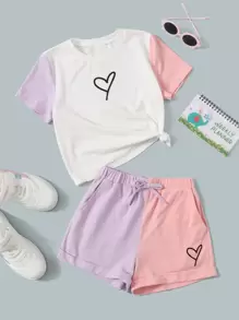 SHEIN Bộ hai mảnh Gái Thắt nút Túi Khối Màu Tim Giải trí - Màu Lilac Tím - Xem 1