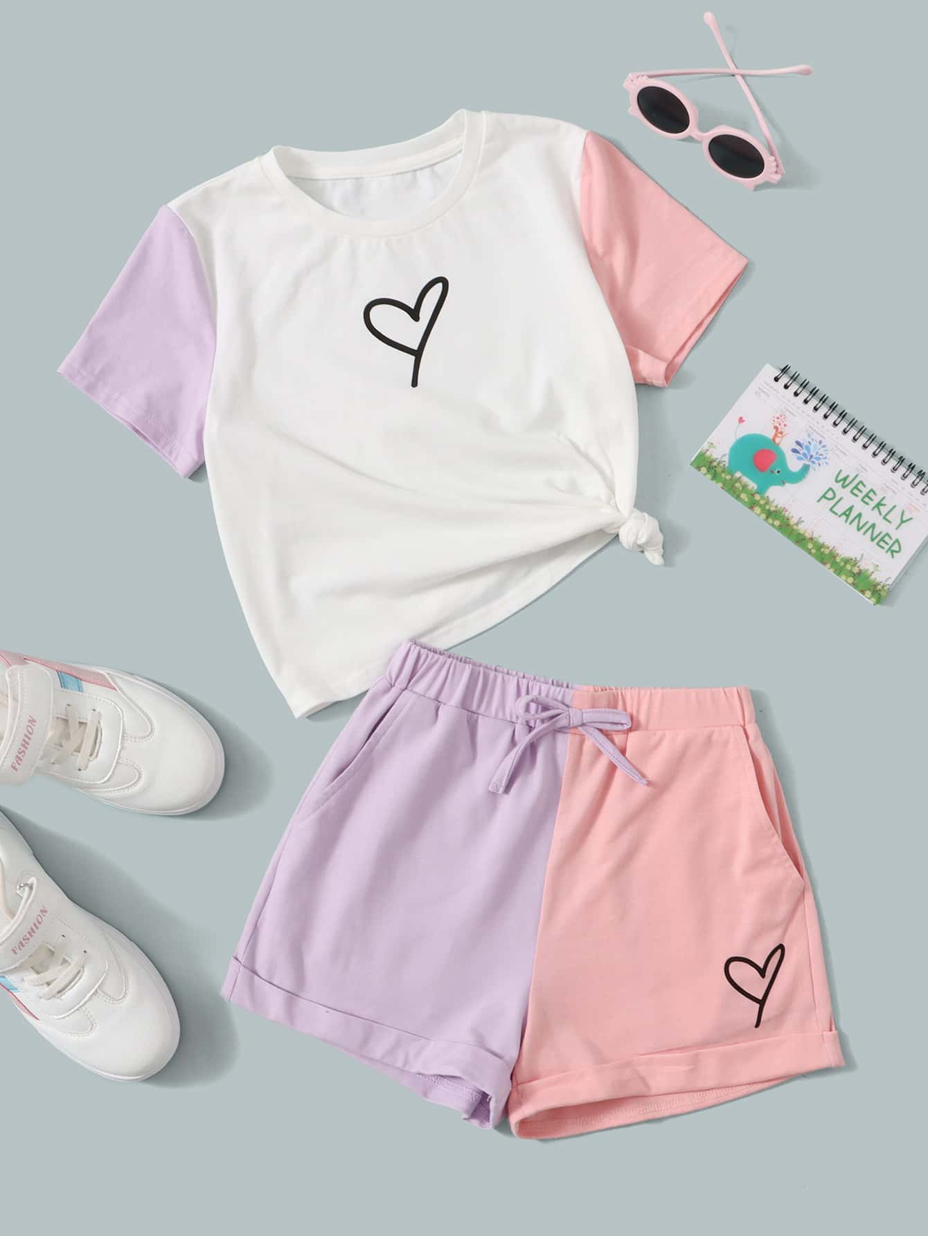 SHEIN Bộ hai mảnh Gái Thắt nút Túi Khối Màu Tim Giải trí - Màu Lilac Tím - Xem 1