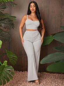 SHEIN SXY tejido de canalé Top de tirantes con pantalones Conjunto - Gris Claro - Ver 1