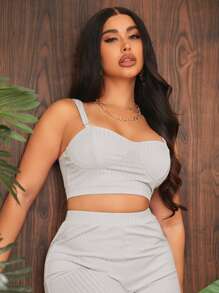 SHEIN SXY tejido de canalé Top de tirantes con pantalones Conjunto - Gris Claro - Ver 3