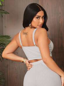 SHEIN SXY tejido de canalé Top de tirantes con pantalones Conjunto - Gris Claro - Ver 4