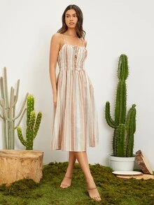 SHEIN Đầm Thắt nút Dải chun Thắt nơ trước Sọc Boho - Nhiều màu - Xem 4