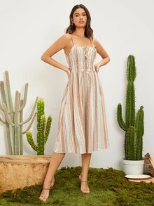 SHEIN Đầm Thắt nút Dải chun Thắt nơ trước Sọc Boho - Nhiều màu - Xem 5