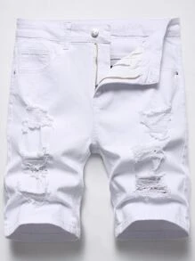Manfinity LEGND Hombres Shorts en mezclilla algodón desgarro con cremallera - Blanco - Ver 1
