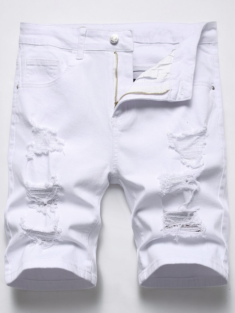 Manfinity LEGND Hombres Shorts en mezclilla algodón desgarro con cremallera - Blanco - Ver 1