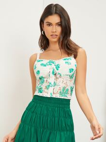 SHEIN VCAY 紐扣開襟熱帶圖案蕾絲吊帶上衣 - 彩色 - 查看 4