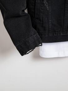 Manfinity Homme Men Cotton Ripped Button Front Dark Plain Black Casual Denim Jacket, For Going Out With Friends - Black - View 3