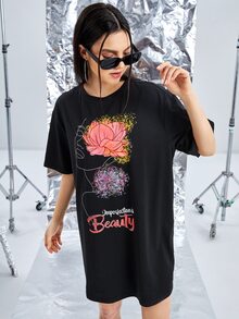 Shanze Ali Letter & Floral Print Drop Shoulder Dress - Black - View 3