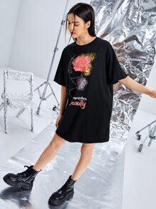 Shanze Ali Letter & Floral Print Drop Shoulder Dress - Black - View 6