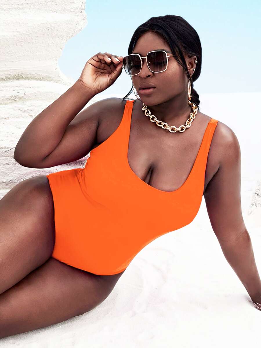 SHEIN Slayr Plus Size Neon-Orange One Piece Swimsuit Summer - Orange - View 1