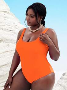 SHEIN Slayr Plus Size Neon-Orange One Piece Swimsuit Summer - Orange - View 3