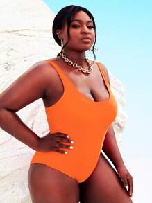 SHEIN Slayr Plus Size Neon-Orange One Piece Swimsuit Summer - Orange - View 4