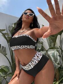 Swim Vcay Conjunto de bikini de talla grande 2025 de mujer con estampado de leopardo sin tirantes, sexy, para el verano - Negro - Ver 4