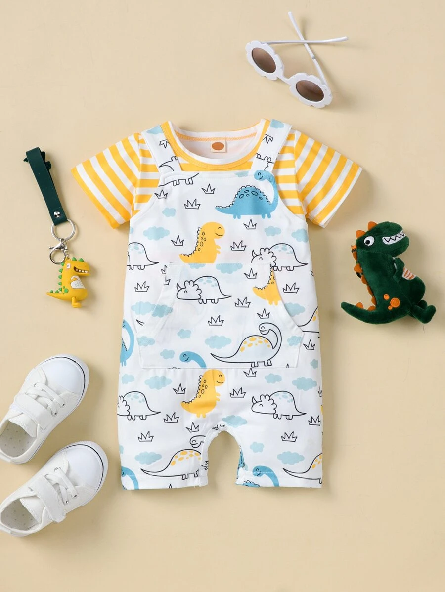 Bebé niño Camiseta de rayas con dinosaurio de tira - Multicolor - Ver 1