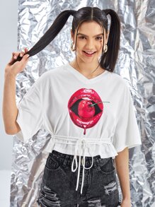 Alice Lip Print Drop Shoulder Belted Tee - White - View 1