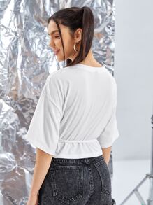 Alice Lip Print Drop Shoulder Belted Tee - White - View 2