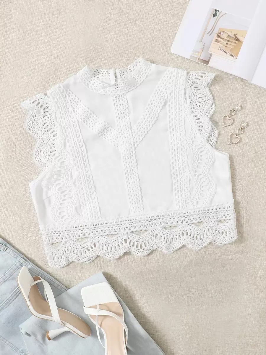 Soleia Áo sơ mi nữ Nút Tương phản ren Sò điệp Tranh thêu màu trơn Boho - trắng - Xem 1