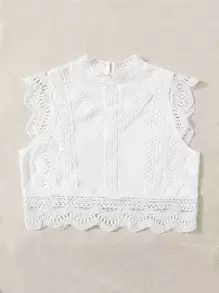 Soleia Áo sơ mi nữ Nút Tương phản ren Sò điệp Tranh thêu màu trơn Boho - trắng - Xem 3