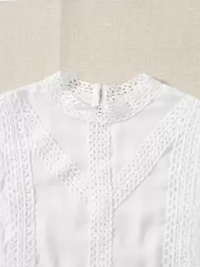Soleia Áo sơ mi nữ Nút Tương phản ren Sò điệp Tranh thêu màu trơn Boho - trắng - Xem 4